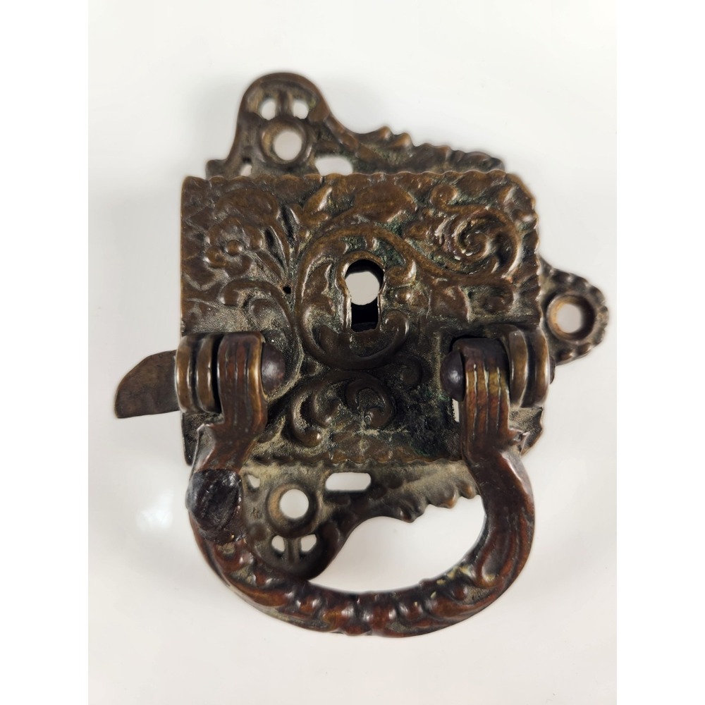 Antique Victorian Brass Ice Box Lock Beautiful Engraving Scroll Pre 1887 Patina